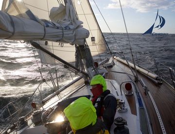 Crew im Cockpit bei überkommender See